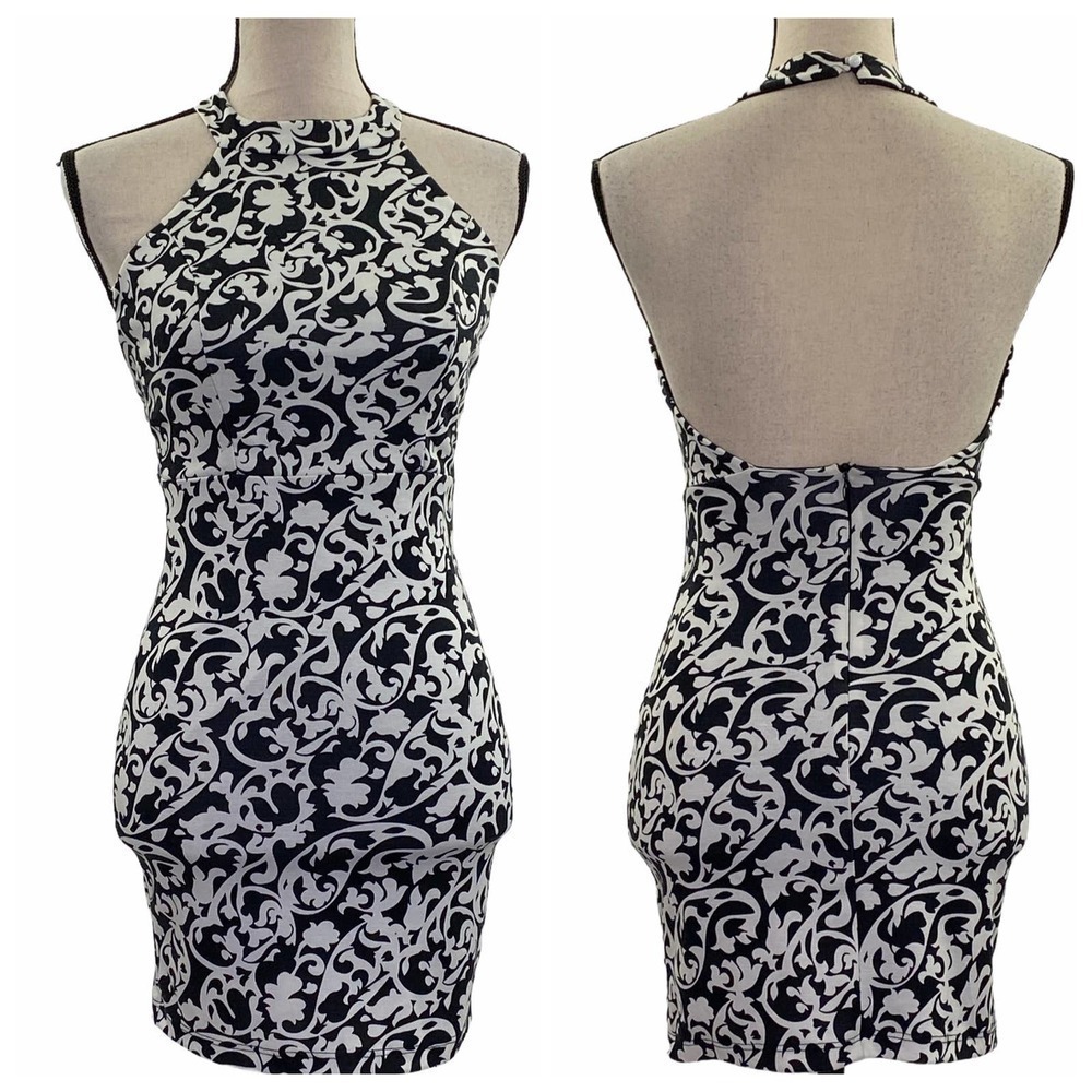 JUST Me Black White Paisley Mini Halter Dress S